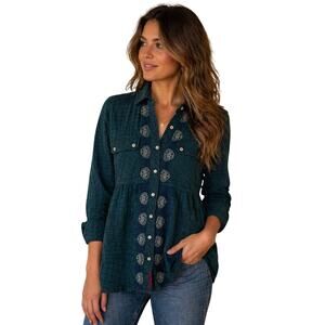 Johnny Was 3J Workshop Teal/Blue Embroidered Button Up Shirt Peplum Hem Size S